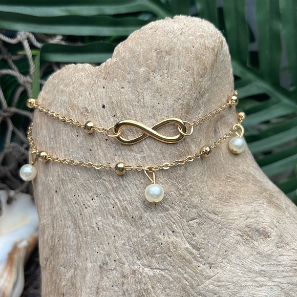 Infinity Pearl Layered Chain 14k Gold Tone Anklet Beach Chic - Picture 2 of 11